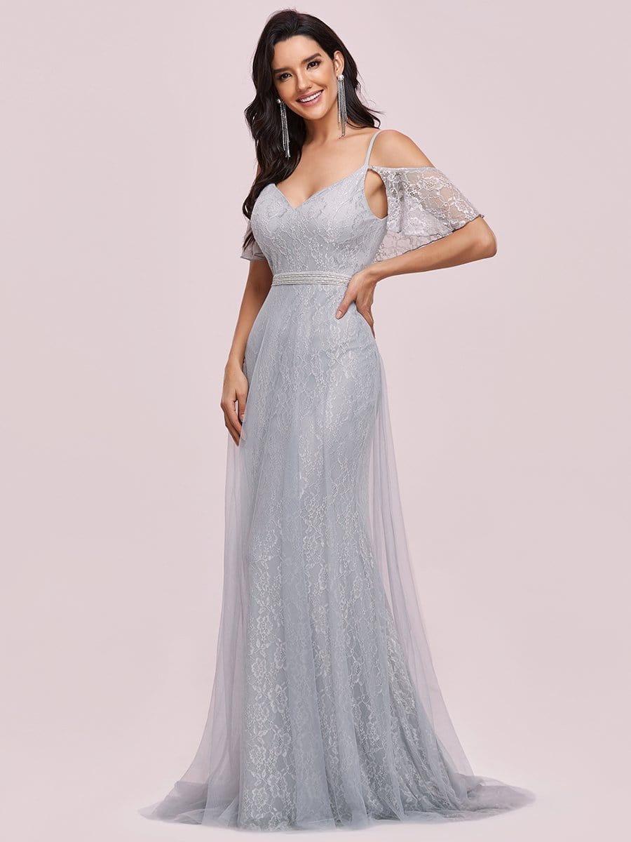 Color=Grey | V-Neck Pagoda Spaghetti Straps Floral Embroider Floor-Length Evening Dress-Grey 5