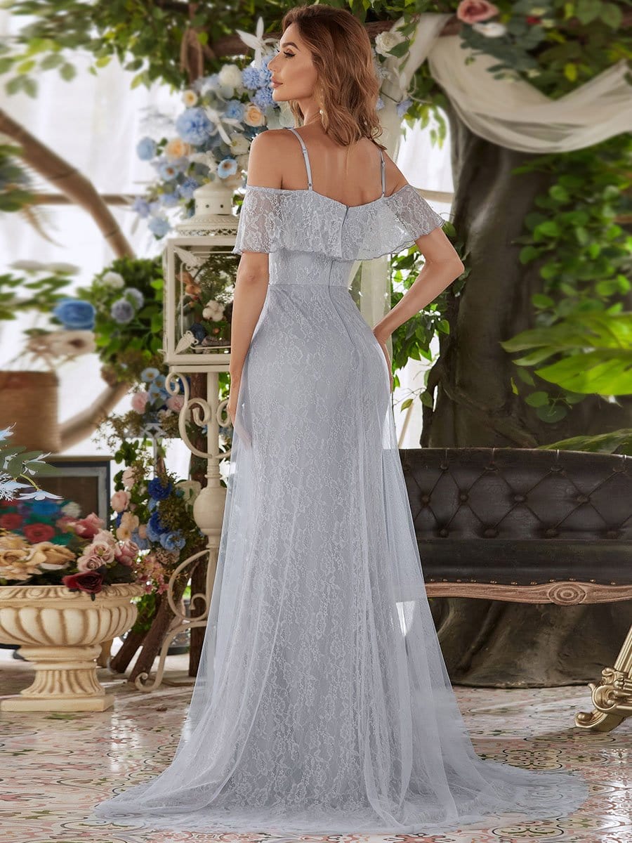 Color=Grey | V-Neck Pagoda Spaghetti Straps Floral Embroider Floor-Length Evening Dress-Grey 2
