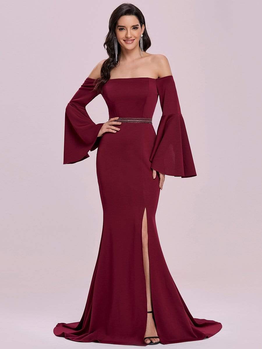 Color=Burgundy | Off-Shoulder Fishtail Evening Dress With Long Flared Sleeves-Burgundy 4