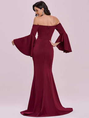 Color=Burgundy | Off-Shoulder Fishtail Evening Dress With Long Flared Sleeves-Burgundy 5