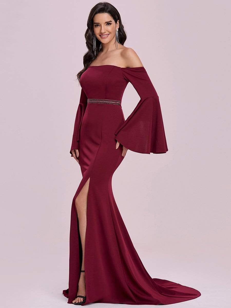 Color=Burgundy | Off-Shoulder Fishtail Evening Dress With Long Flared Sleeves-Burgundy 6