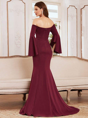 Color=Burgundy | Off-Shoulder Fishtail Evening Dress With Long Flared Sleeves-Burgundy 2