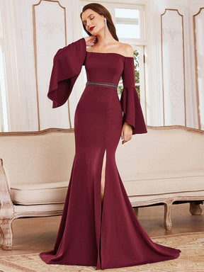 Color=Burgundy | Off-Shoulder Fishtail Evening Dress With Long Flared Sleeves-Burgundy 1