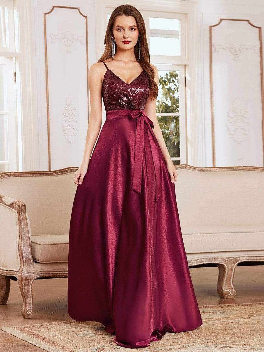 Burgundy Sequin & Sation Evening Dress | Spaghetti Straps Long Dresses - Ever Pretty AU Burgundy Sequin & Sation Evening Dress | Spaghetti Straps Long Dresses - Ever Pretty AU