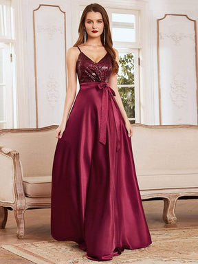 Color=Burgundy | Glitter Sleeveless Maxi Satin Evening Dress With Sequin Bodice-Burgundy 1