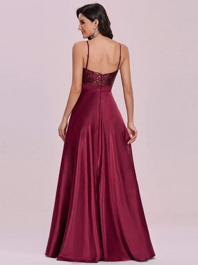 Color=Burgundy | Glitter Sleeveless Maxi Satin Evening Dress With Sequin Bodice-Burgundy 6