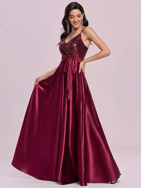 Color=Burgundy | Glitter Sleeveless Maxi Satin Evening Dress With Sequin Bodice-Burgundy 7