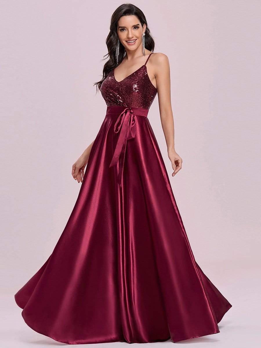 Color=Burgundy | Glitter Sleeveless Maxi Satin Evening Dress With Sequin Bodice-Burgundy 4