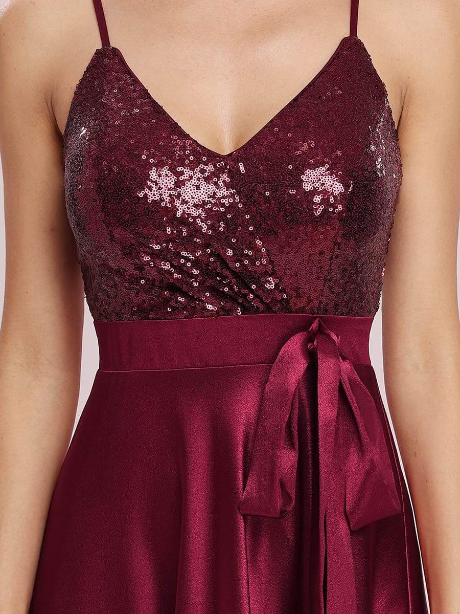 Color=Burgundy | Glitter Sleeveless Maxi Satin Evening Dress With Sequin Bodice-Burgundy 8