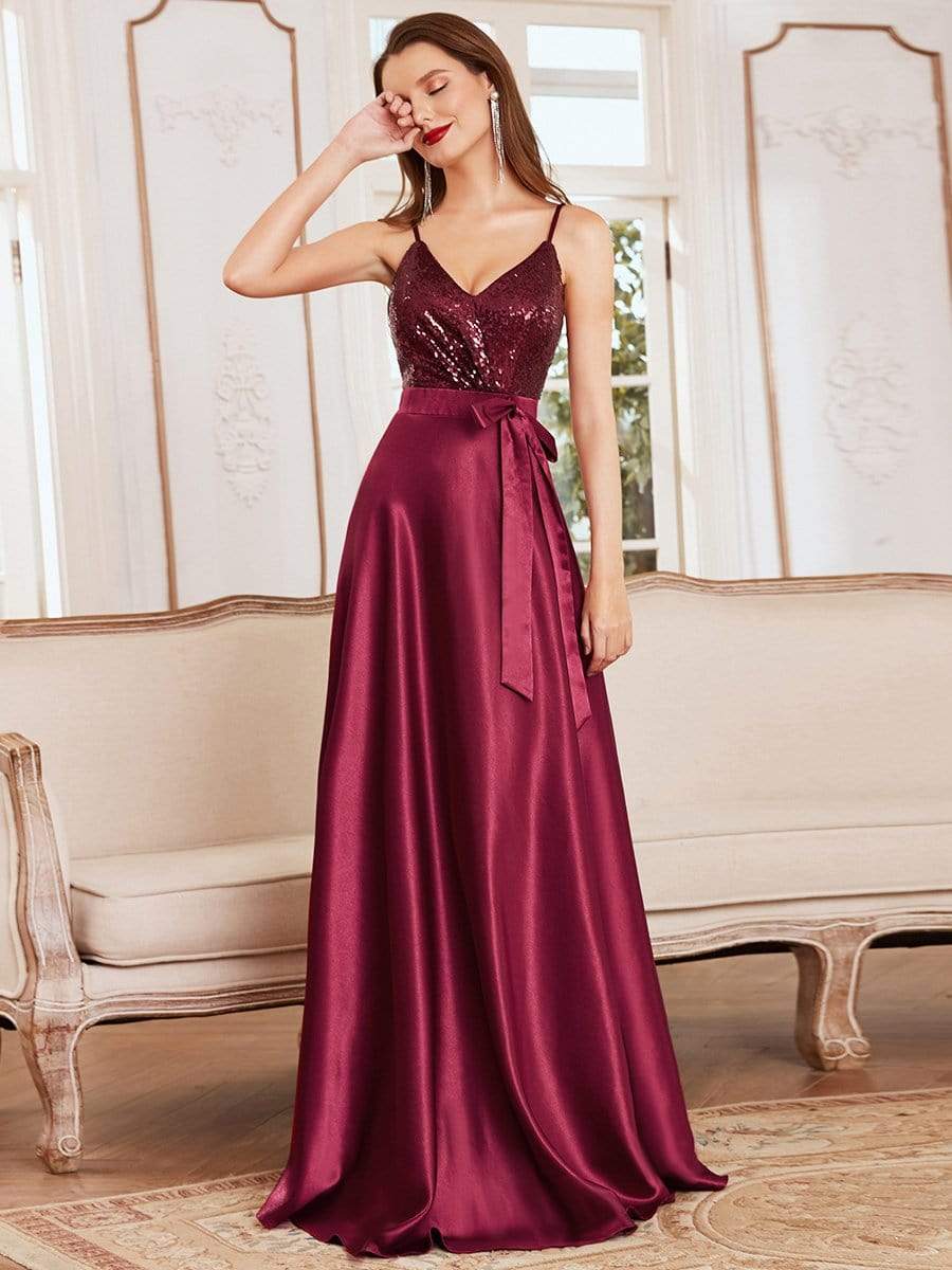 Color=Burgundy | Glitter Sleeveless Maxi Satin Evening Dress With Sequin Bodice-Burgundy 3