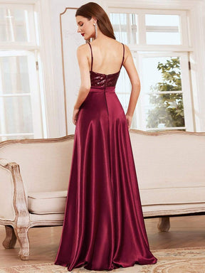 Color=Burgundy | Glitter Sleeveless Maxi Satin Evening Dress With Sequin Bodice-Burgundy 2