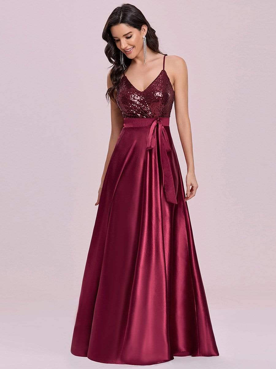Color=Burgundy | Glitter Sleeveless Maxi Satin Evening Dress With Sequin Bodice-Burgundy 5