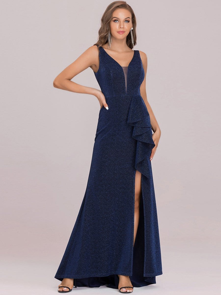 Color=Navy Blue | V Neck Sleeveless Lotus Leaf Pleated Layer Mermaid Maxi Dress-Navy Blue 5