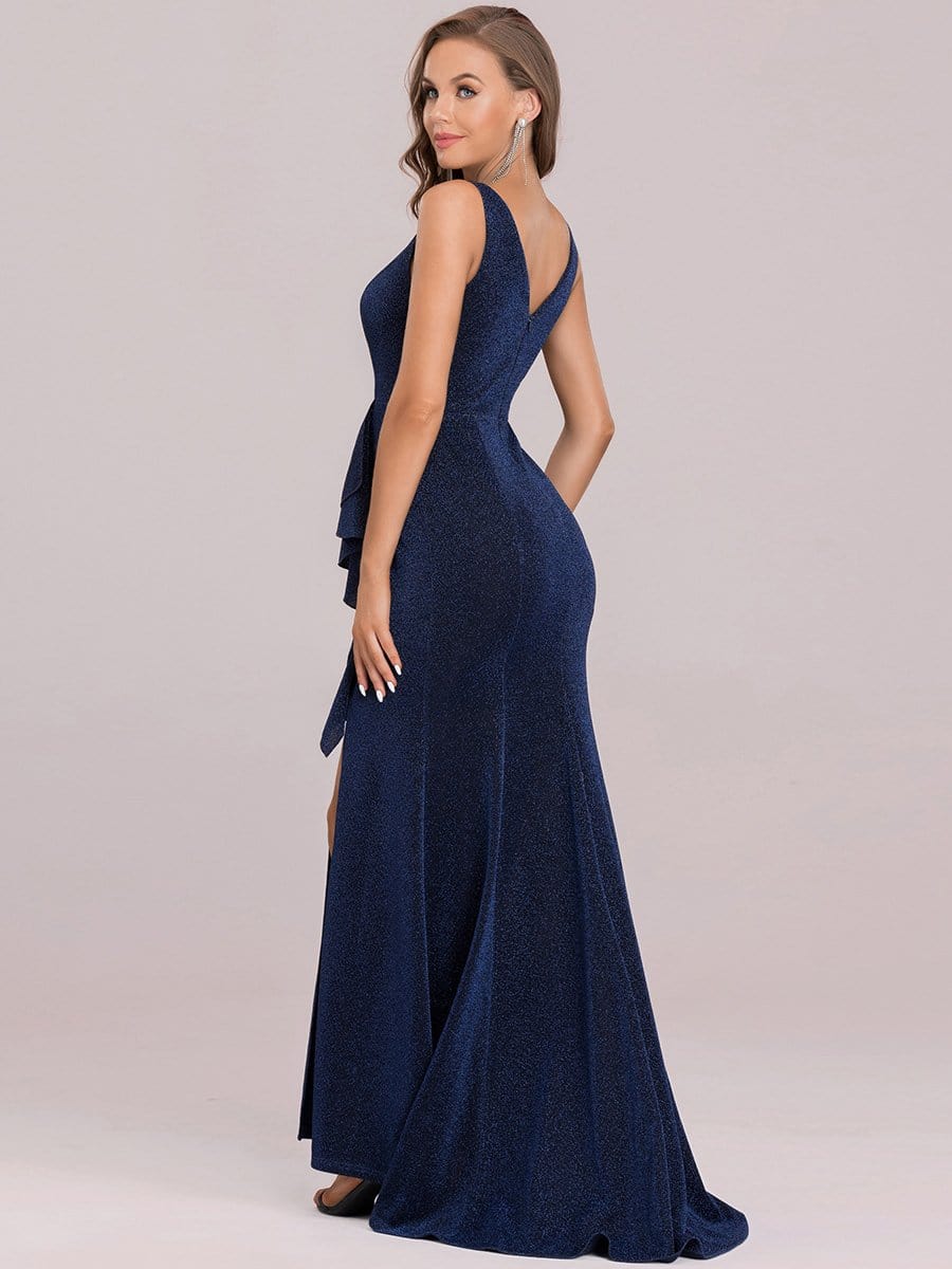 Color=Navy Blue | V Neck Sleeveless Lotus Leaf Pleated Layer Mermaid Maxi Dress-Navy Blue 6