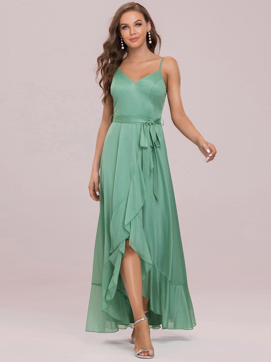 Color=Green Bean | Deep V Spaghetti Straps Sleeveless Asymmetrical Hem Lotus Leaf Long Dress-Green Bean 5