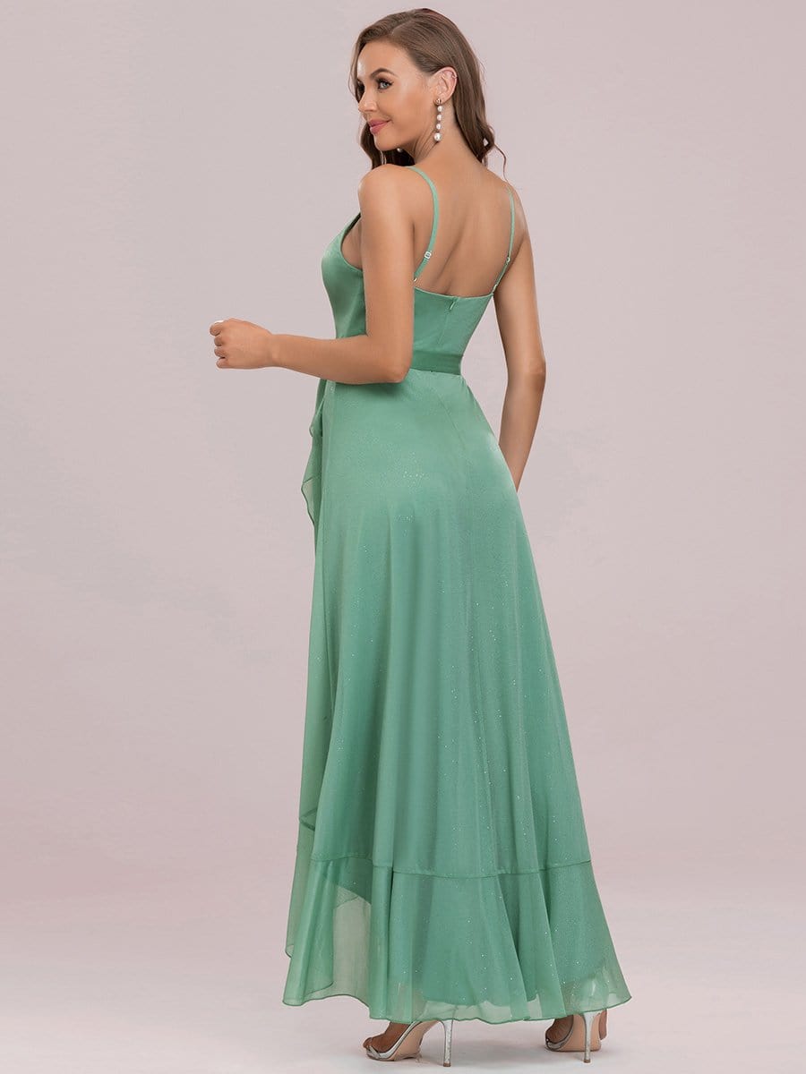 Color=Green Bean | Deep V Spaghetti Straps Sleeveless Asymmetrical Hem Lotus Leaf Long Dress-Green Bean 6