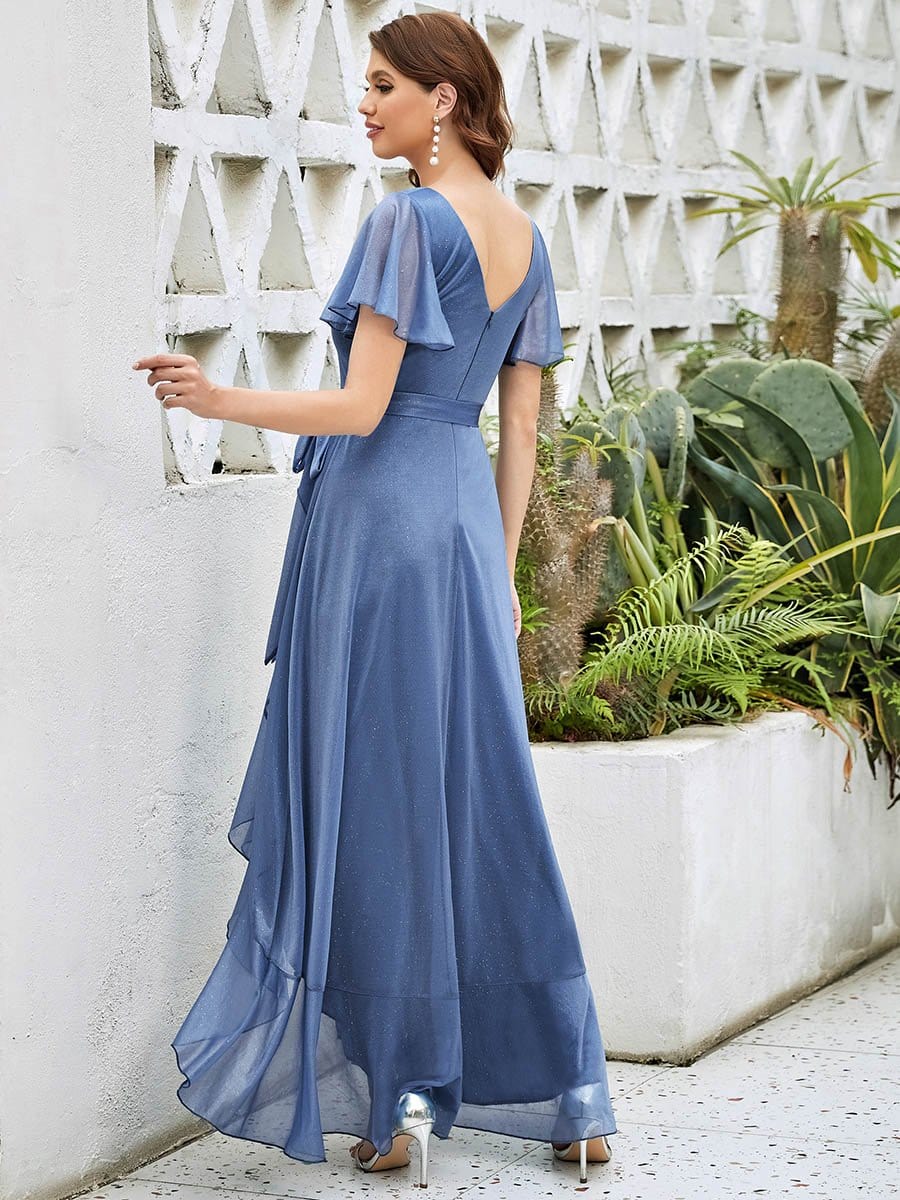 Color=Sky Blue | Elegant V Neck Tulip Sleeves Asymmetrical Layered Long Dress-Sky Blue 2