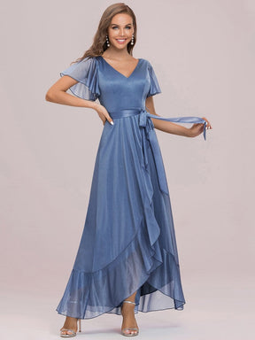Color=Sky Blue | Elegant V Neck Tulip Sleeves Asymmetrical Layered Long Dress-Sky Blue 5