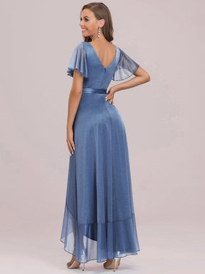 Color=Sky Blue | Elegant V Neck Tulip Sleeves Asymmetrical Layered Long Dress-Sky Blue 6