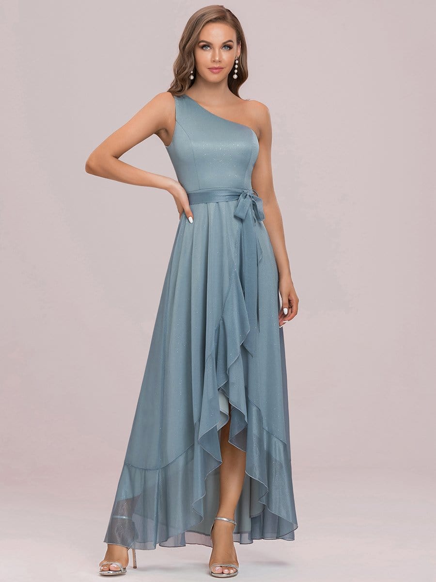 Color=Dusty blue | Off Shoulder Lotus Leaf Asymmetrical Hem Layered Floor-Length Dress-Dusty Blue 5