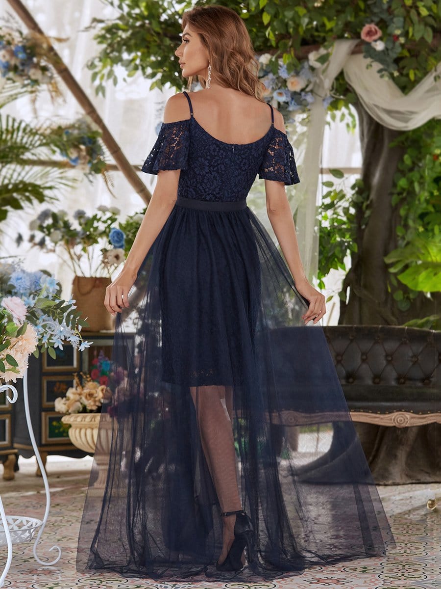 2in1 Deep V Off Shoulder Applique Short Evening Dress Long Tulle #color_Navy Blue