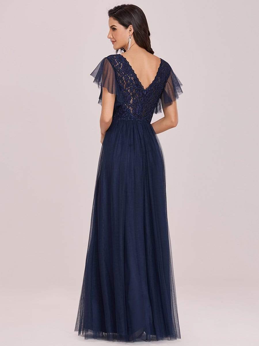 Color=Navy Blue | Vintage V-Neck A-Line Lace Long Evening Dress-Navy Blue 5