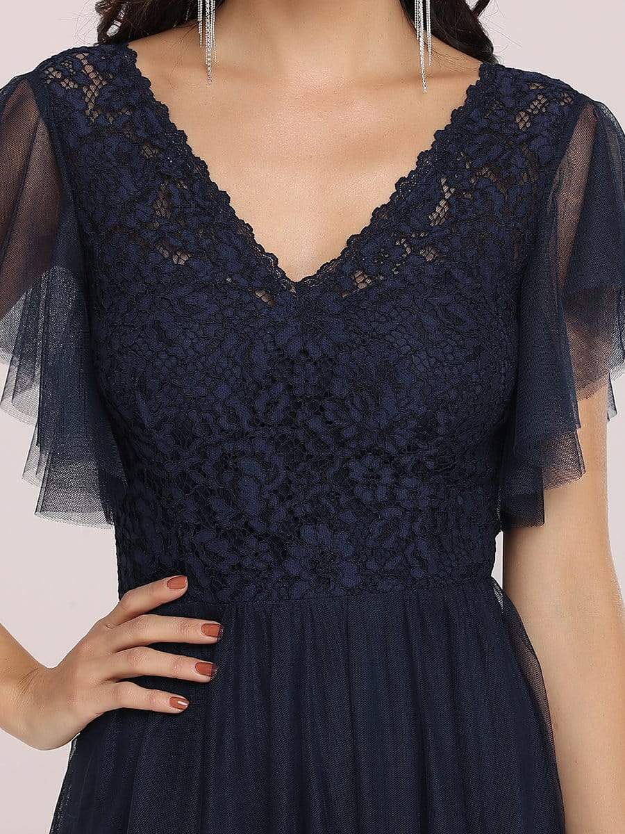 Color=Navy Blue | Vintage V-Neck A-Line Lace Long Evening Dress-Navy Blue 6