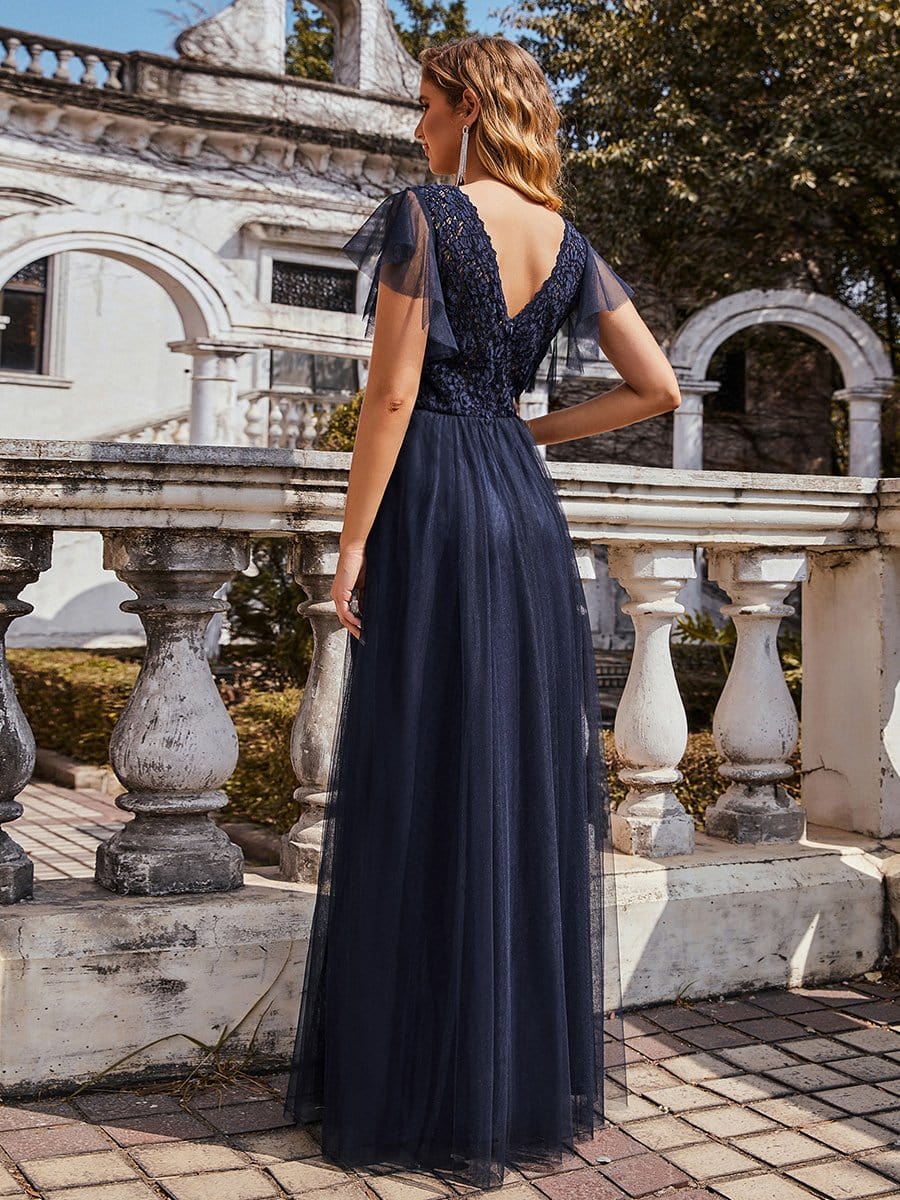 Color=Navy Blue | Vintage V-Neck A-Line Lace Long Evening Dress-Navy Blue 2