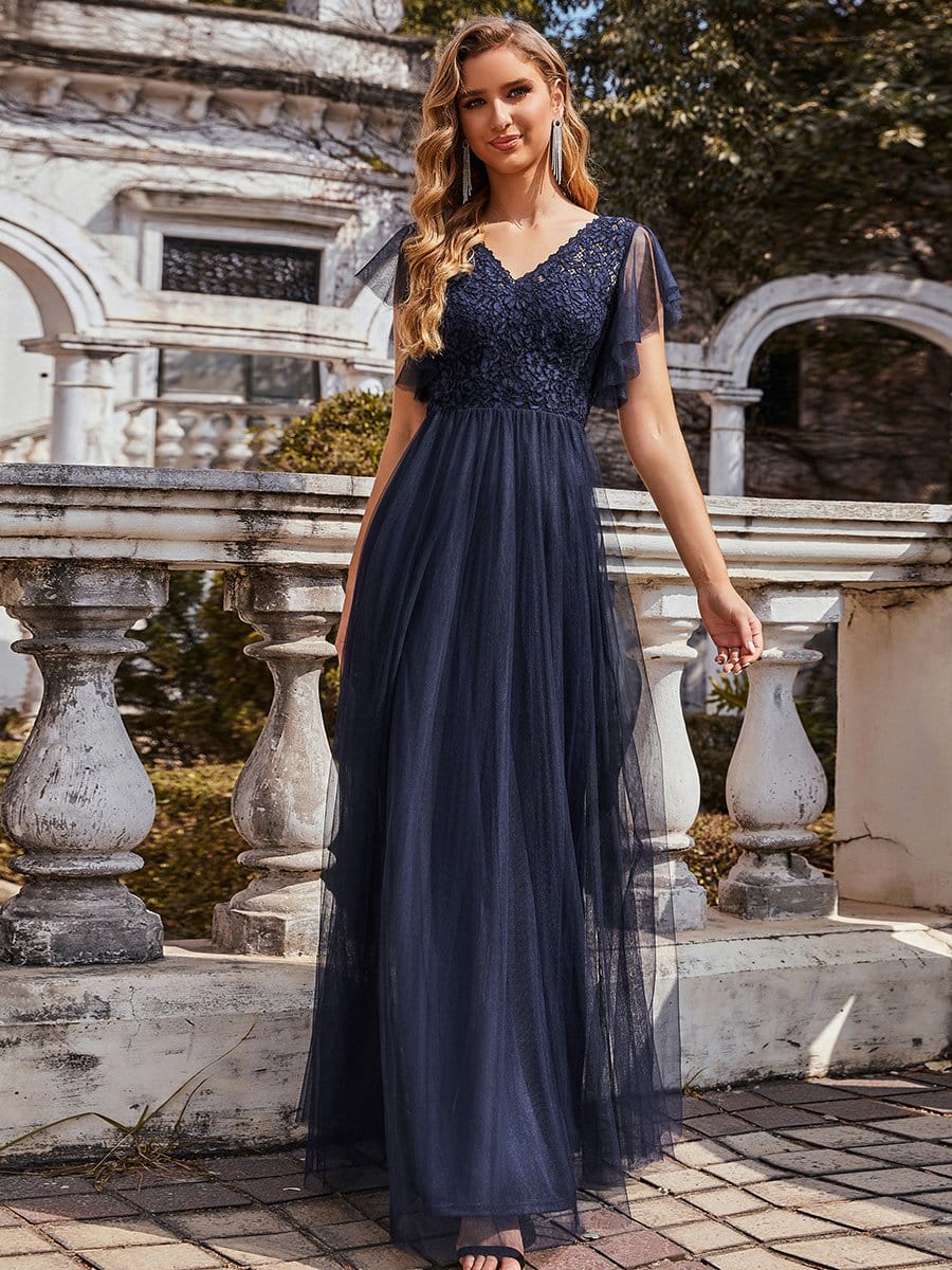 Color=Navy Blue | Vintage V-Neck A-Line Lace Long Evening Dress-Navy Blue 3