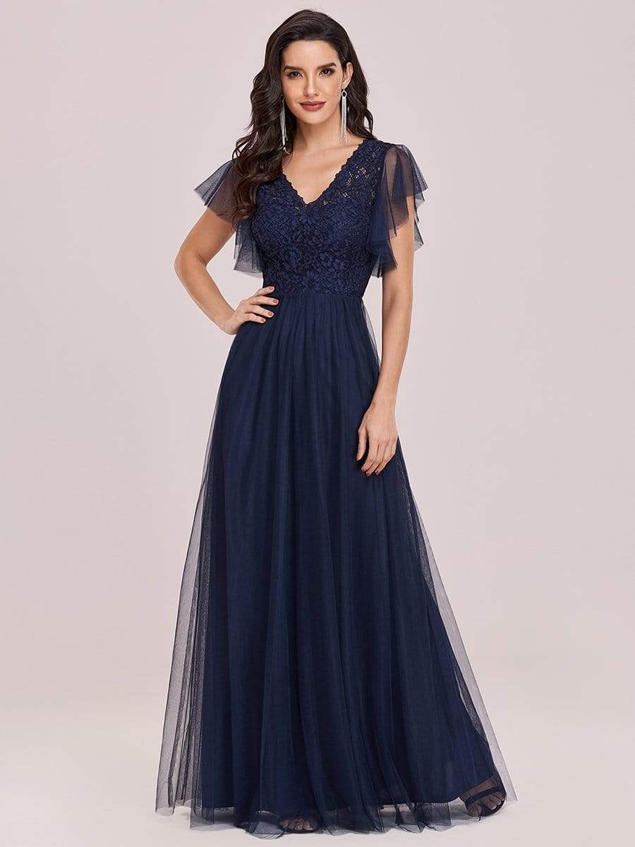 Color=Navy Blue | Vintage V-Neck A-Line Lace Long Evening Dress-Navy Blue 4