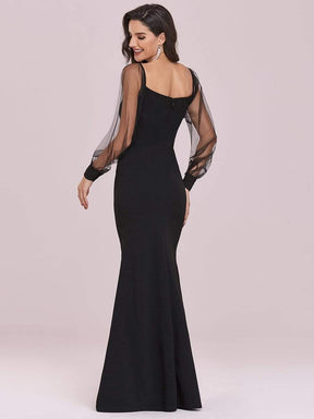 Color=Black | Solid Color Mermaid Evening Dress With Long Tulle Sleeves-Black 5