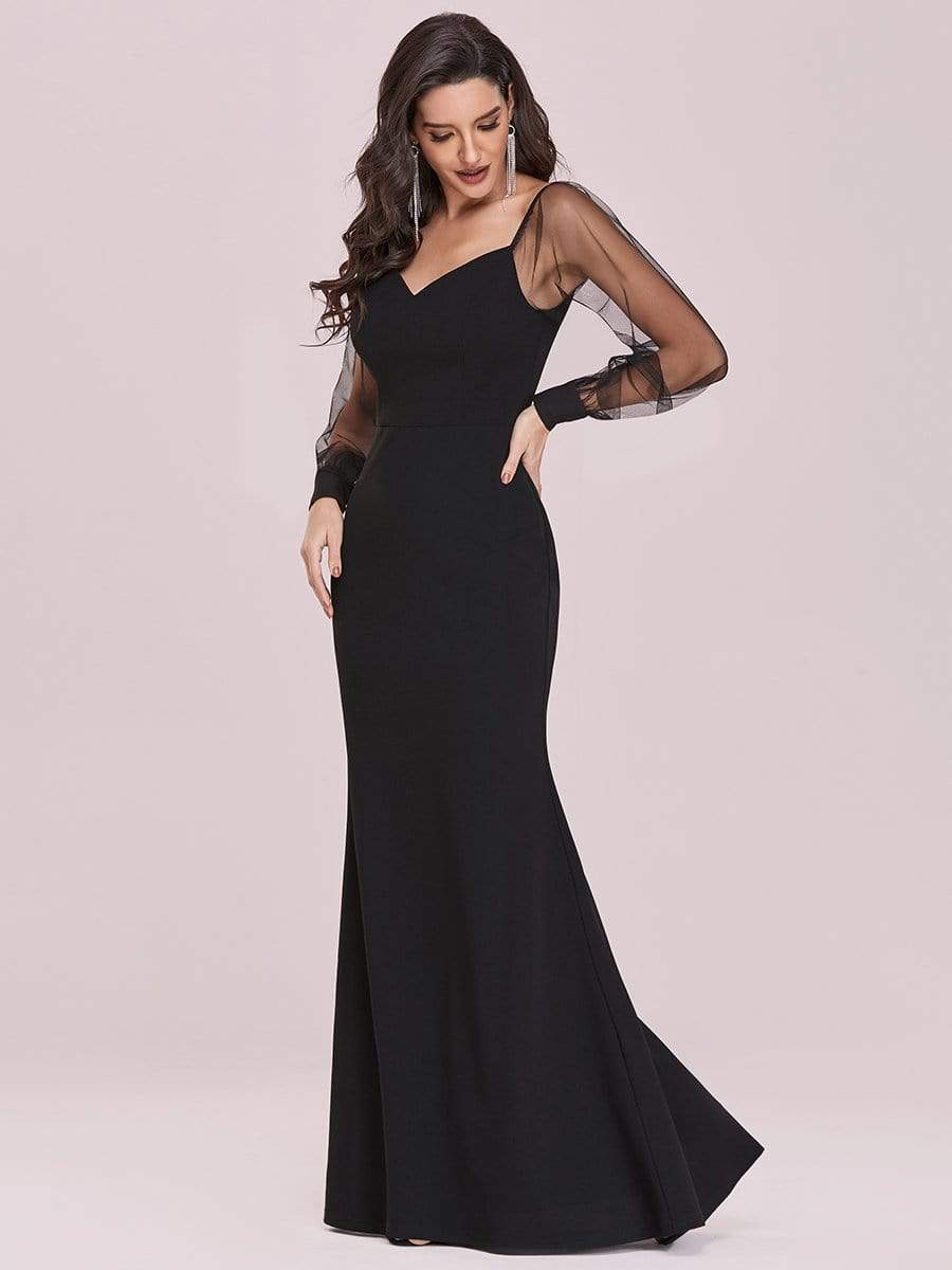 Color=Black | Solid Color Mermaid Evening Dress With Long Tulle Sleeves-Black 6
