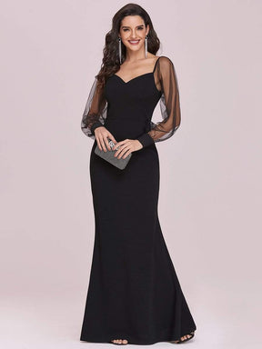 Color=Black | Solid Color Mermaid Evening Dress With Long Tulle Sleeves-Black 7