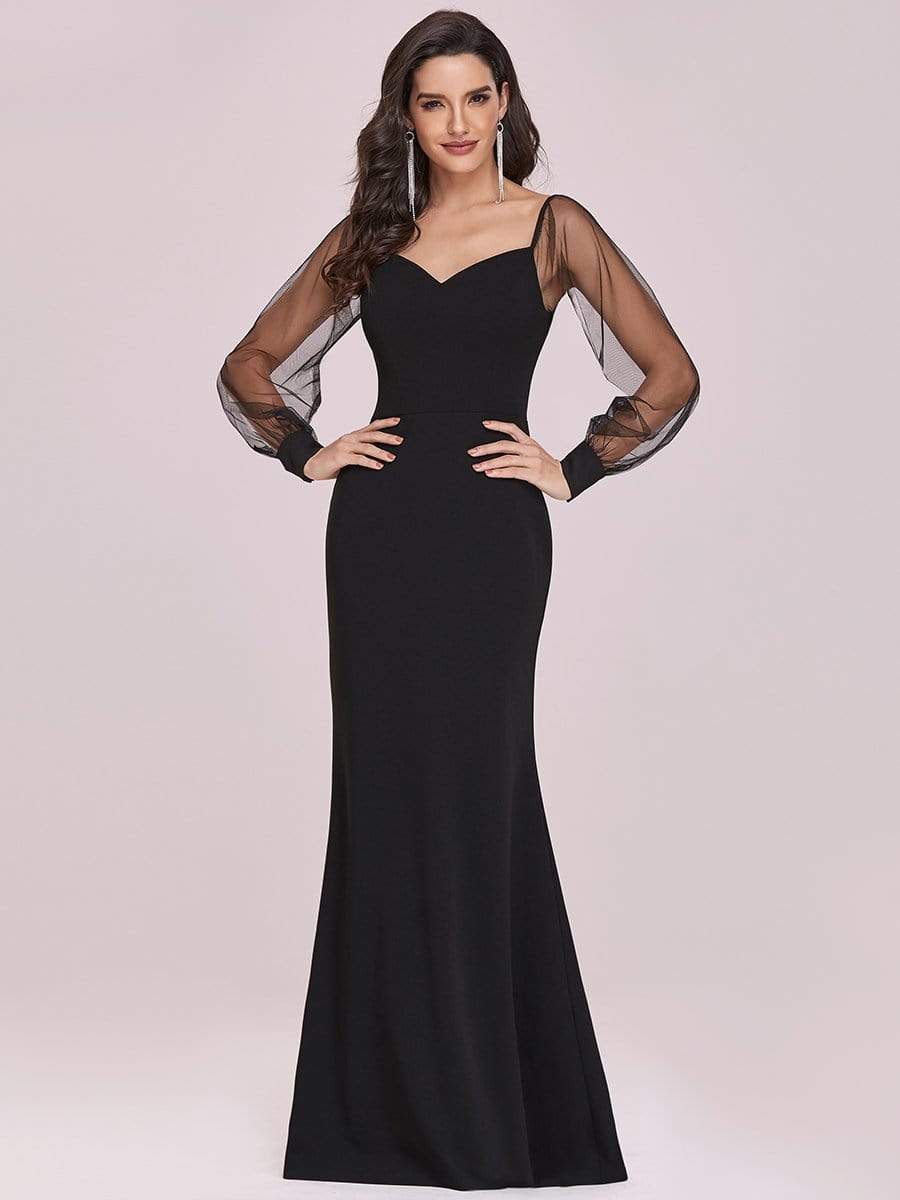 Color=Black | Solid Color Mermaid Evening Dress With Long Tulle Sleeves-Black 4
