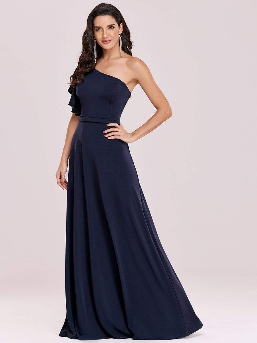 Color=Navy Blue | One Shoulder Maxi A-Line Evening Dress-Navy Blue 5