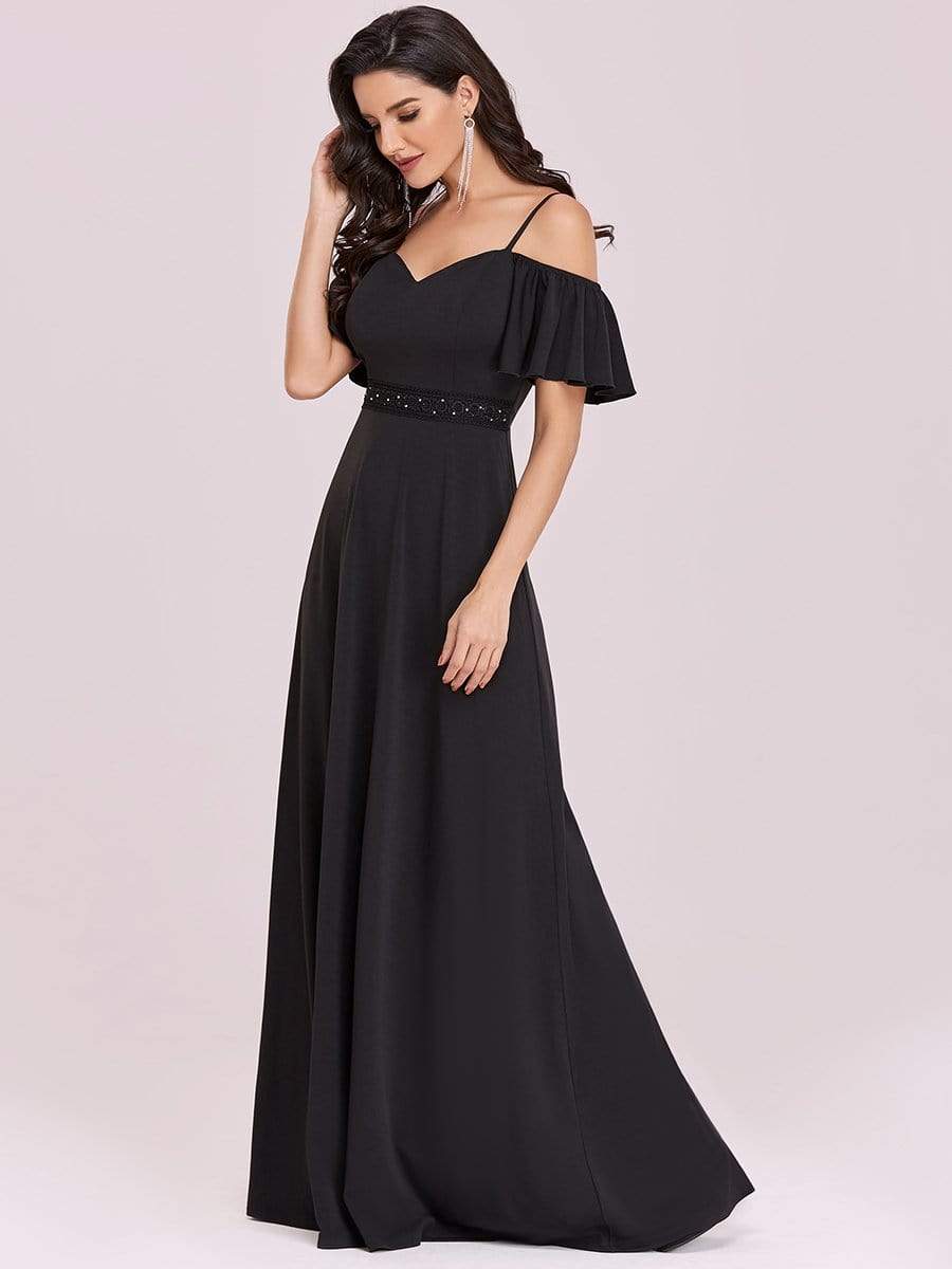 Color=Black | Sexy A-Line Chiffon Evening Dress With Cold Shoulder-Black 4