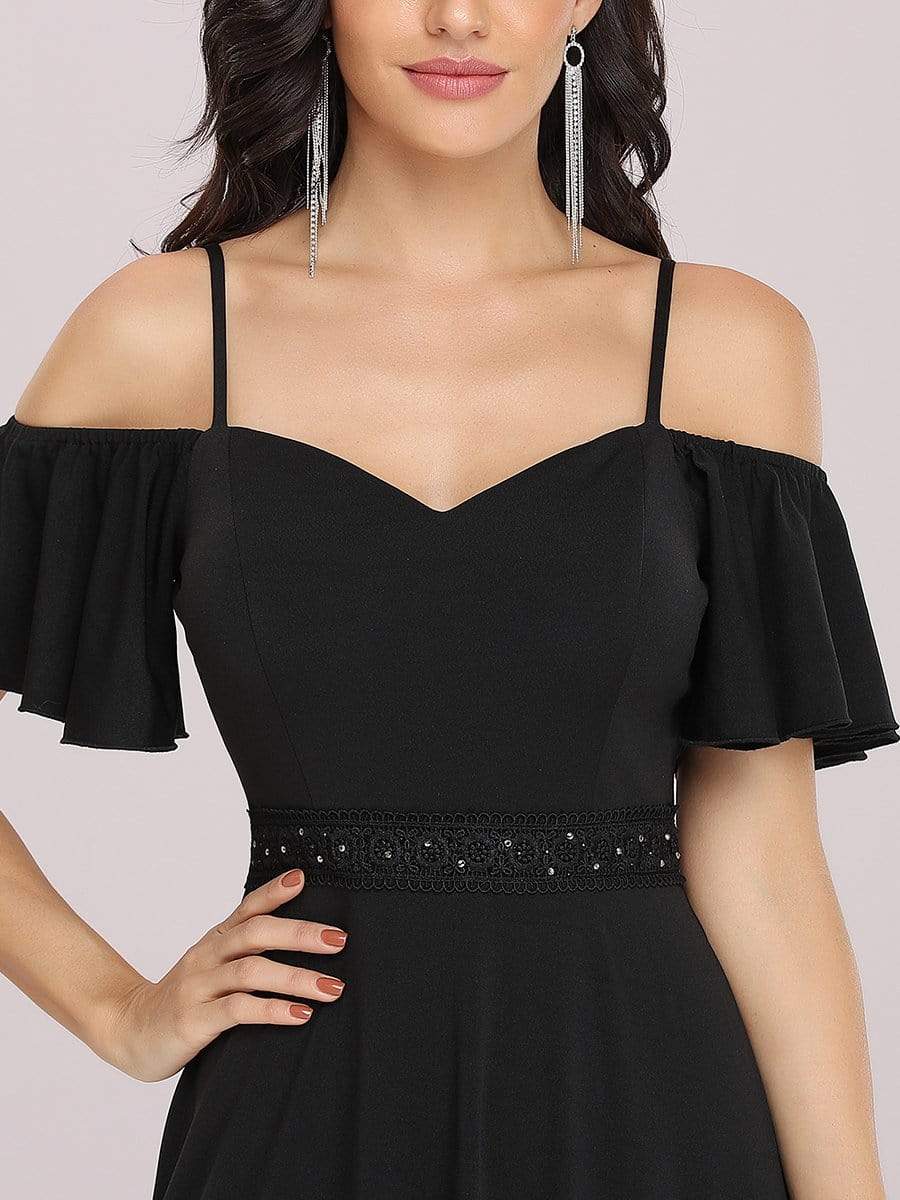 Color=Black | Sexy A-Line Chiffon Evening Dress With Cold Shoulder-Black 7