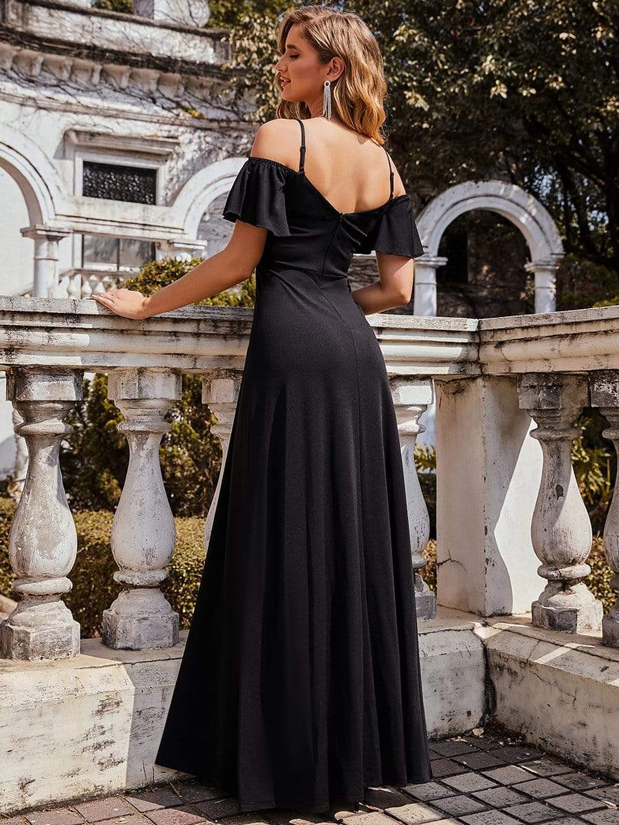 Color=Black | Sexy A-Line Chiffon Evening Dress With Cold Shoulder-Black 3