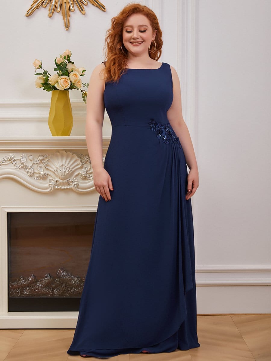 Color=Navy Blue | Plus Size Sleeveless Floral Applique A-Line Evening Gown-Navy Blue 2