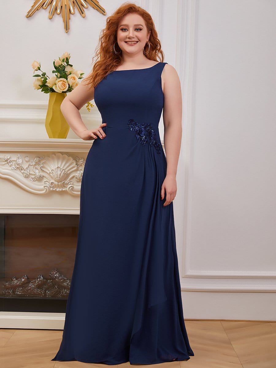 Color=Navy Blue | Plus Size Sleeveless Floral Applique A-Line Evening Gown-Navy Blue 1