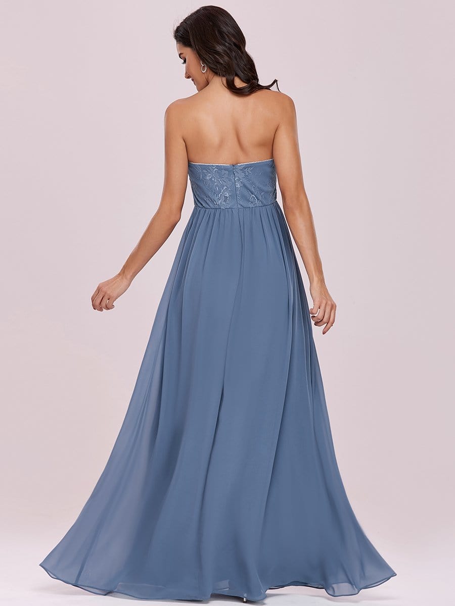 Color=Dusty Navy | Strapless Floor Length Sweetheart A-Line Lace Evening Gown-Dusty Navy 4