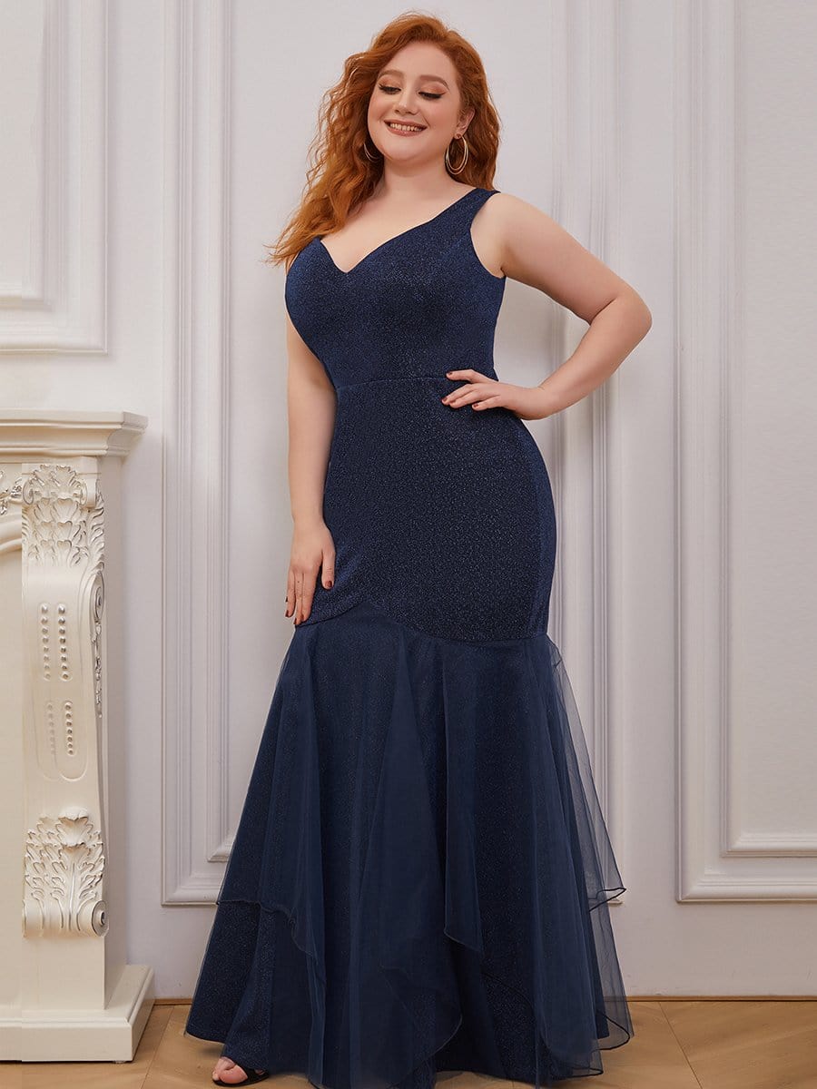 Color=Navy Blue | Plus-Size V-Neck Fishtail Prom Dress With A-Line Skirt -Navy Blue 3