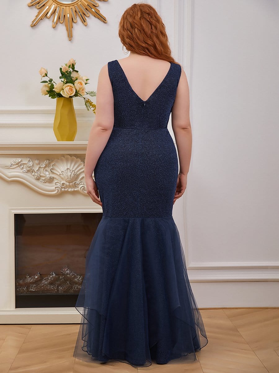 Color=Navy Blue | Plus-Size V-Neck Fishtail Prom Dress With A-Line Skirt -Navy Blue 4