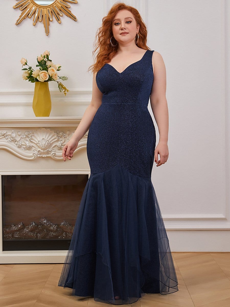 Color=Navy Blue | Plus-Size V-Neck Fishtail Prom Dress With A-Line Skirt -Navy Blue 1