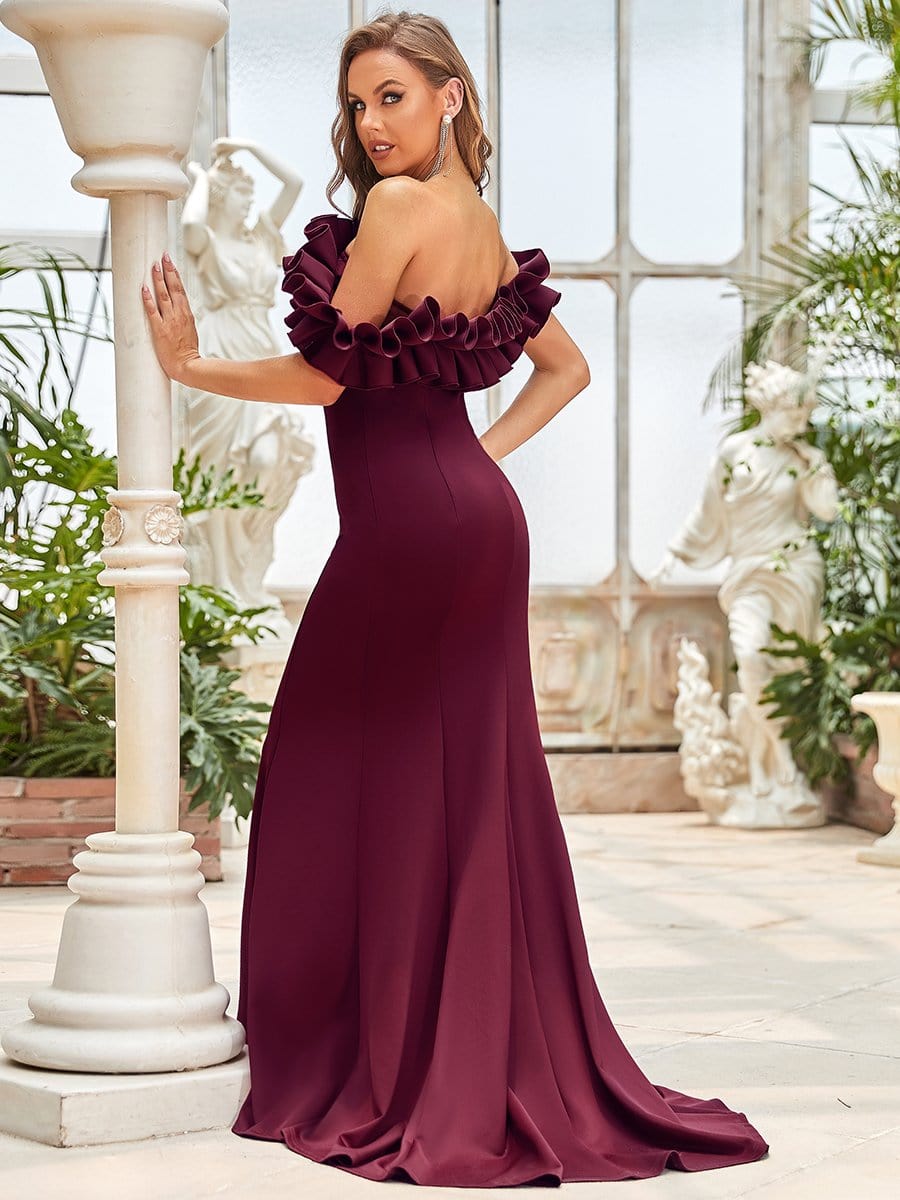 Color=Burgundy | Sweet Ruffled Off Shoulder Long Fishtail Evening Dress-Burgundy 2