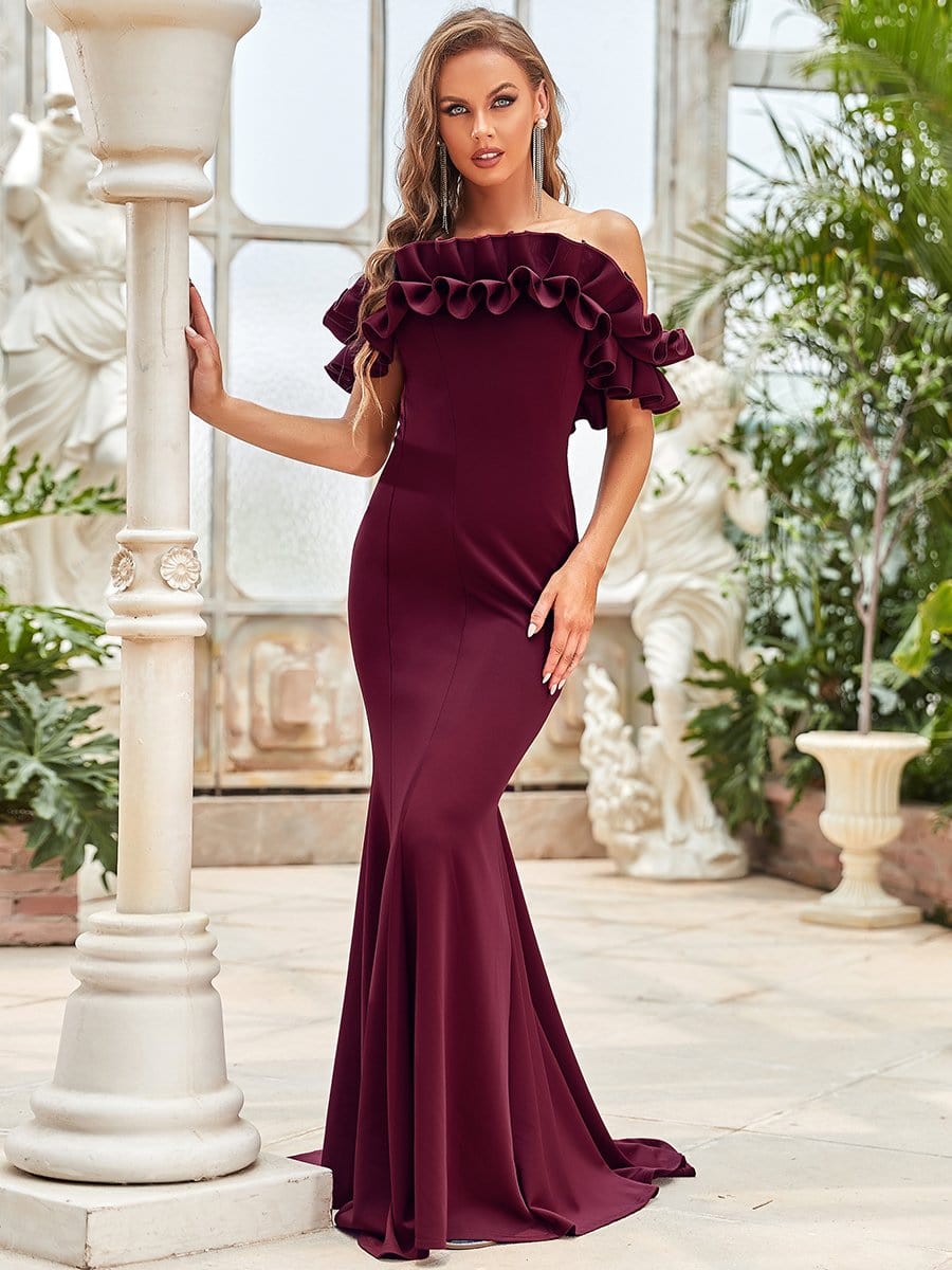 Color=Burgundy | Sweet Ruffled Off Shoulder Long Fishtail Evening Dress-Burgundy 3