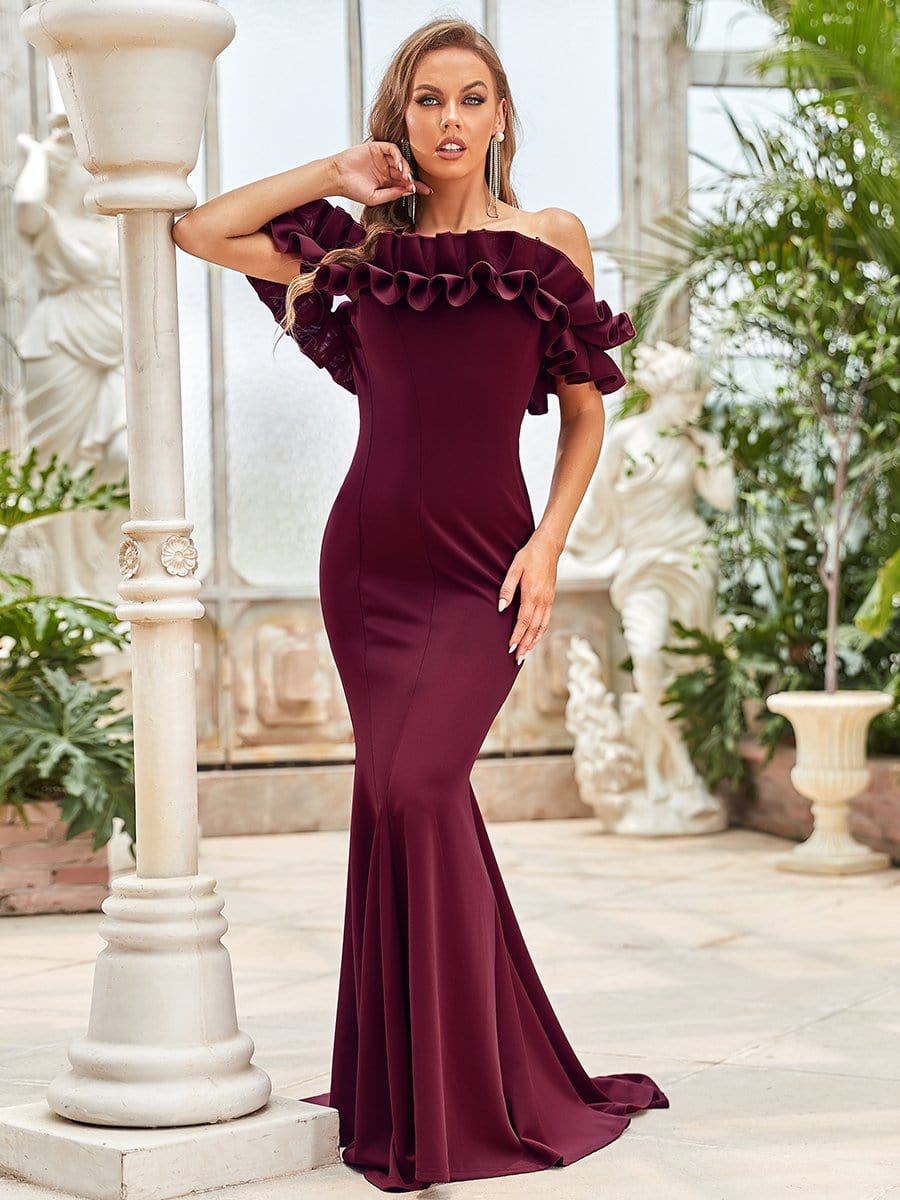 Color=Burgundy | Sweet Ruffled Off Shoulder Long Fishtail Evening Dress-Burgundy 5