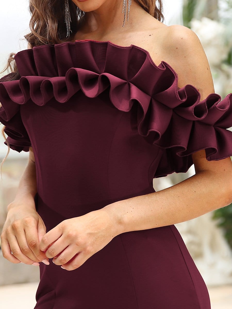 Color=Burgundy | Sweet Ruffled Off Shoulder Long Fishtail Evening Dress-Burgundy 4