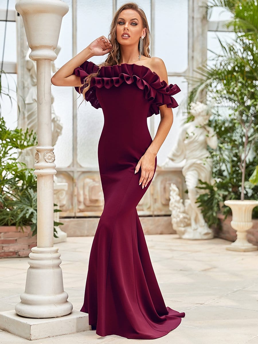 Color=Burgundy | Sweet Ruffled Off Shoulder Long Fishtail Evening Dress-Burgundy 1