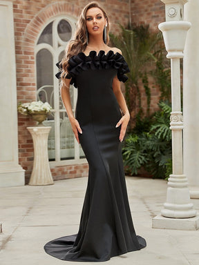 Color=Black | Sweet Ruffled Off Shoulder Long Fishtail Evening Dress-Black 3